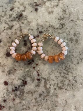 Handmade Pink and Amber Beaded Hoop Earrings
